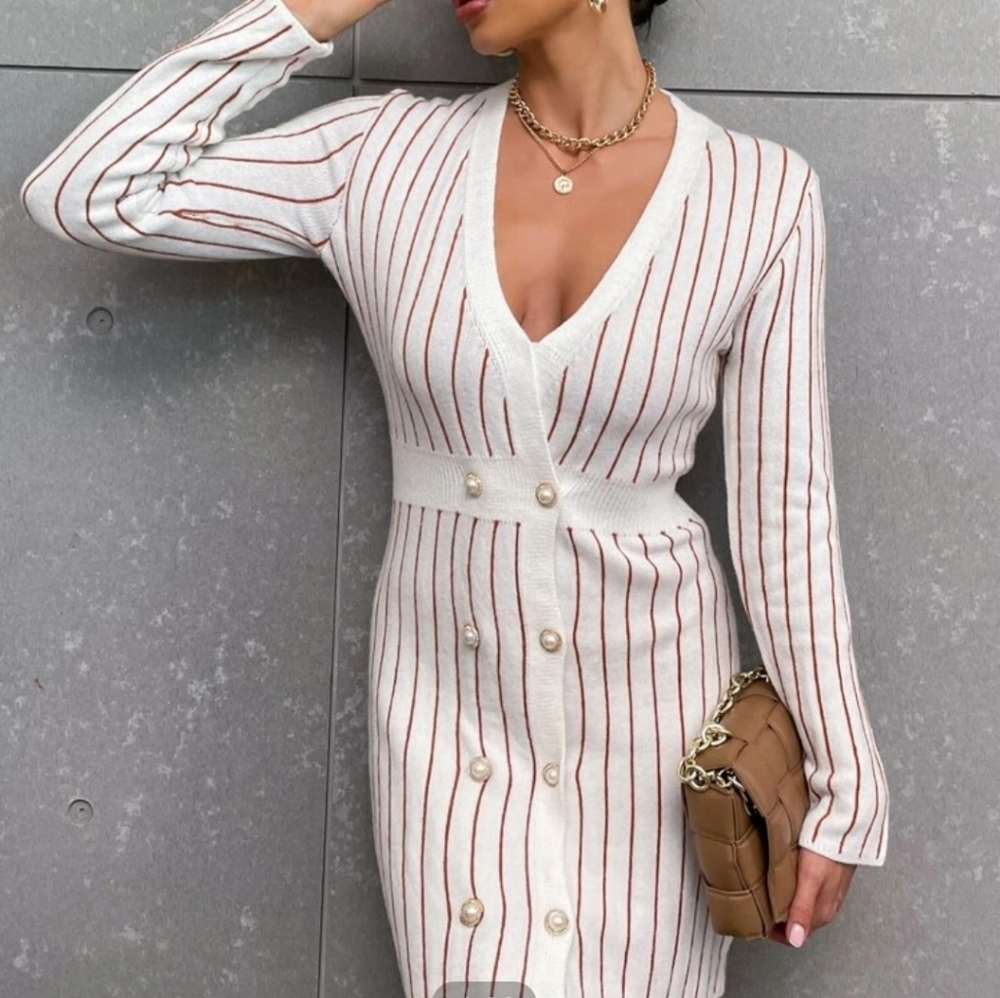 Striped pattern plunging neck double brested sweater dress